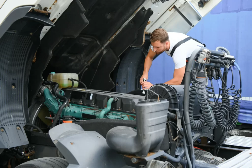 A truck repair service mechanic working diligently on a large truck.