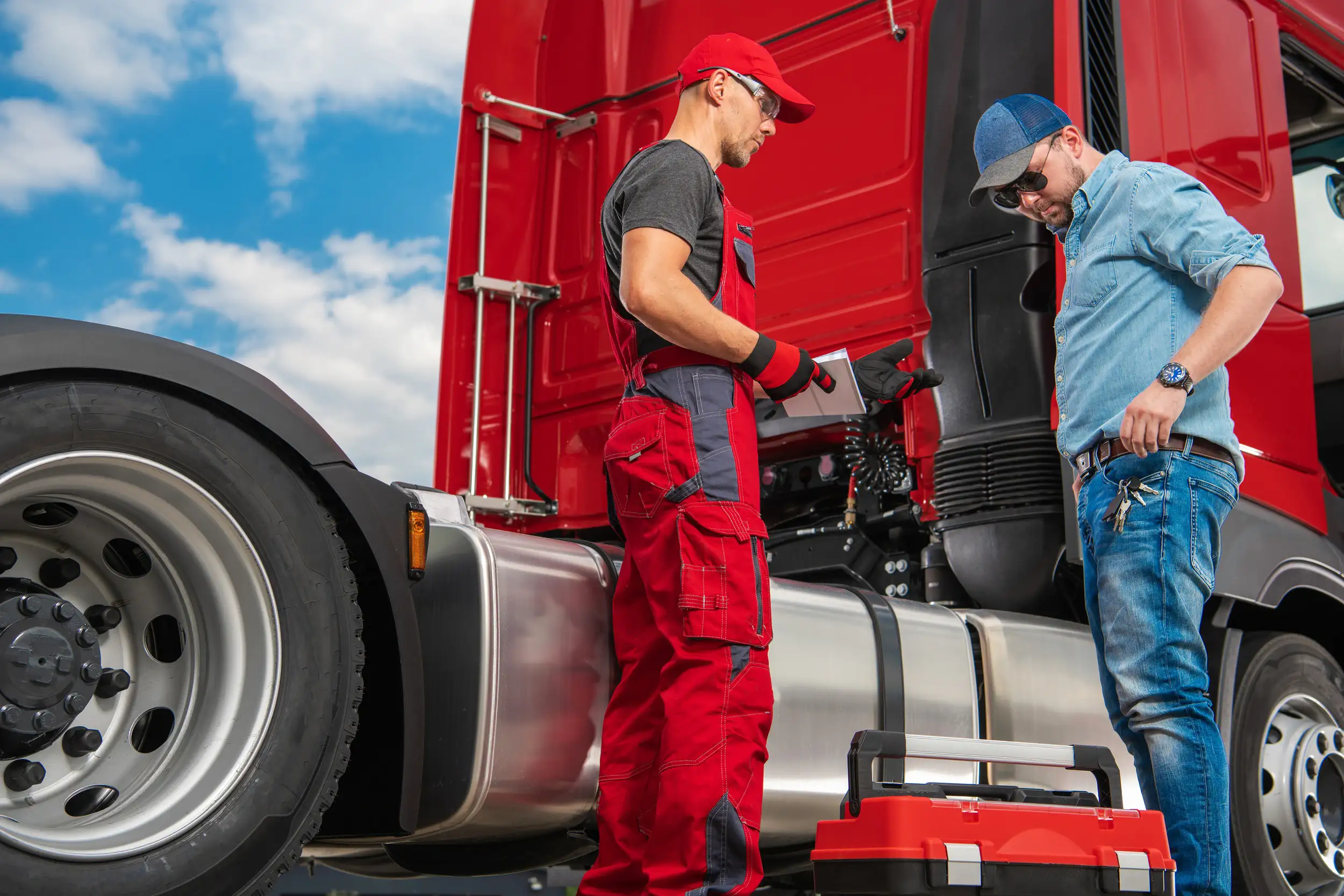 A mechanic and a truck driver discussing the problem of the trailer truck