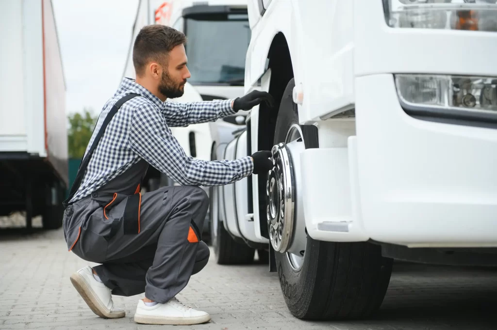 Inspecting trailer tires for wear and proper inflation, essential for trailer repairs.